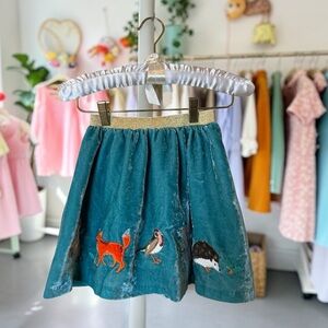 Mini Boden Girls Teal Velvet Skirt with Woodland Embroidery 7-8 Fairycore RARE